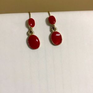 Small red hook silver tone earrings